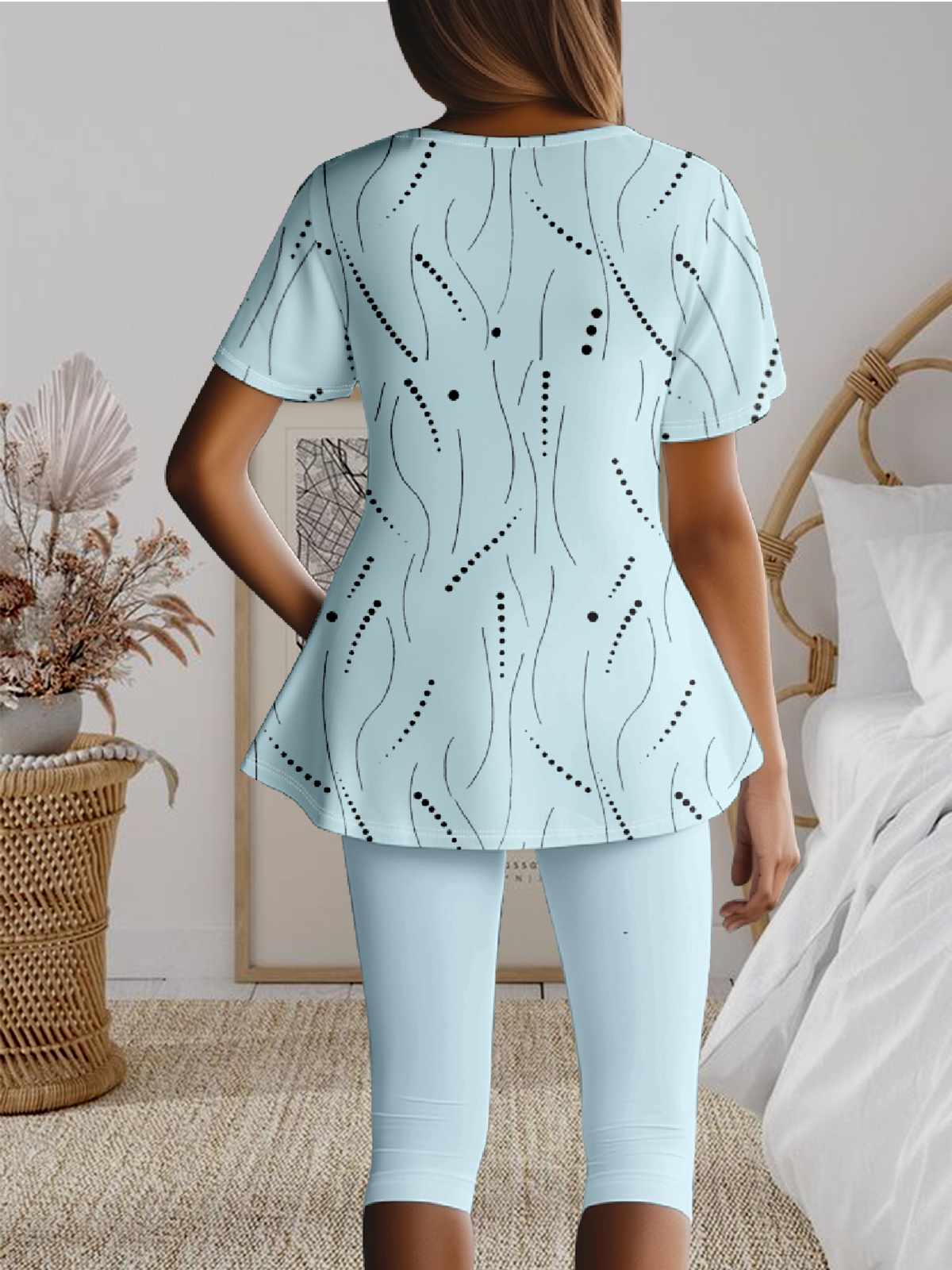 Abstract Polka Dots Crew Neck Casual Two-Piece Set