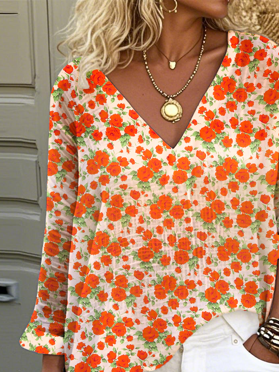 Print Casual V Neck Long Sleeve T-Shirt