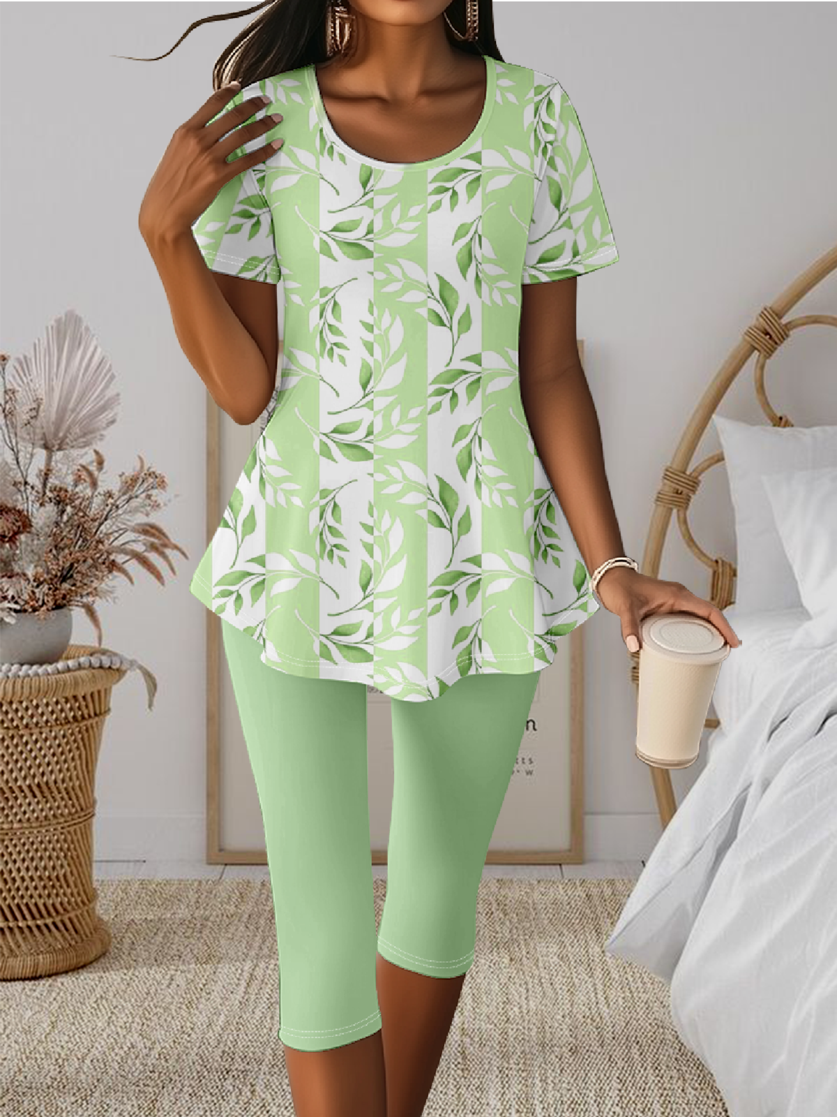 Crew Neck Regular Fit Floral Casual Two-Piece Set