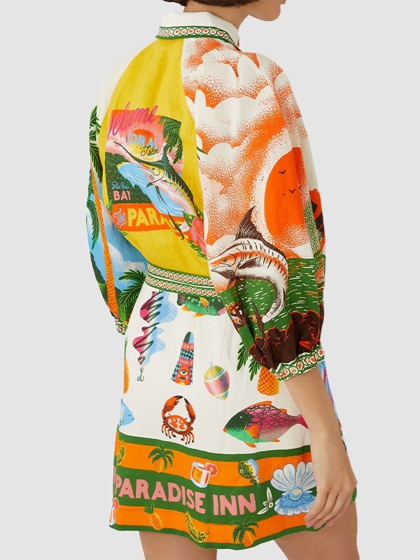 Women's Short Sleeve Summer Yellow Fish Split Joint Stand Collar Daily Going Out Vintage Mini A-Line Tank Dress