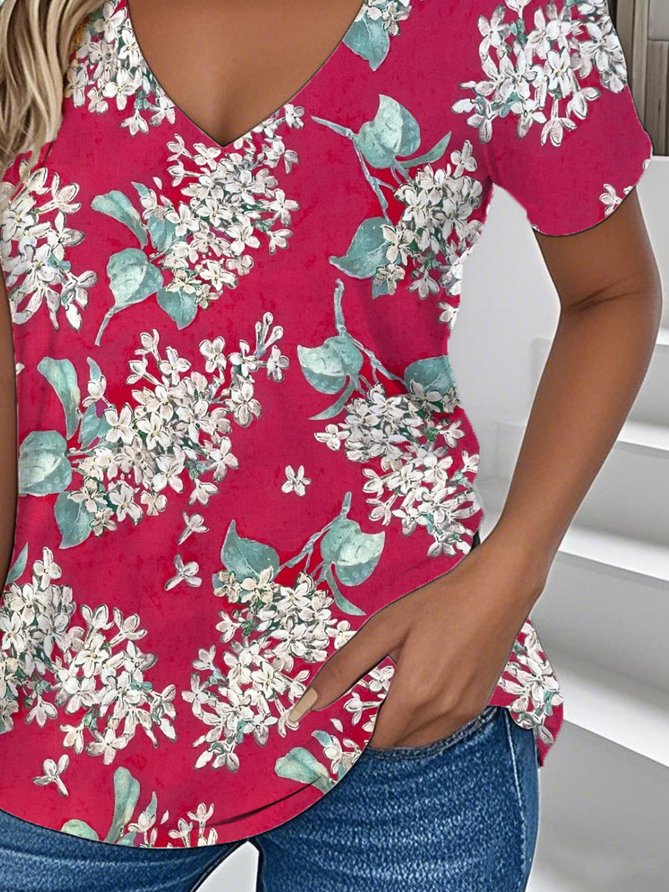 Print Casual V Neck Short Sleeve T-Shirt