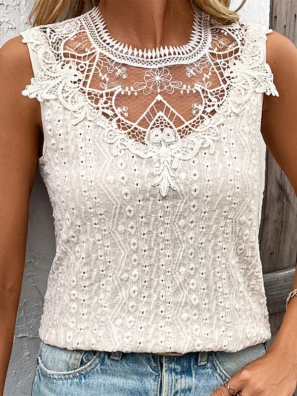 Women's Sleeveless Tank Top Summer Apricot Plain Lace Crew Neck Daily Going Out Simple Top