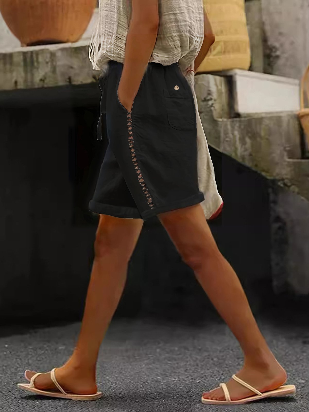 Casual Plain Lace Straight Pants Shorts