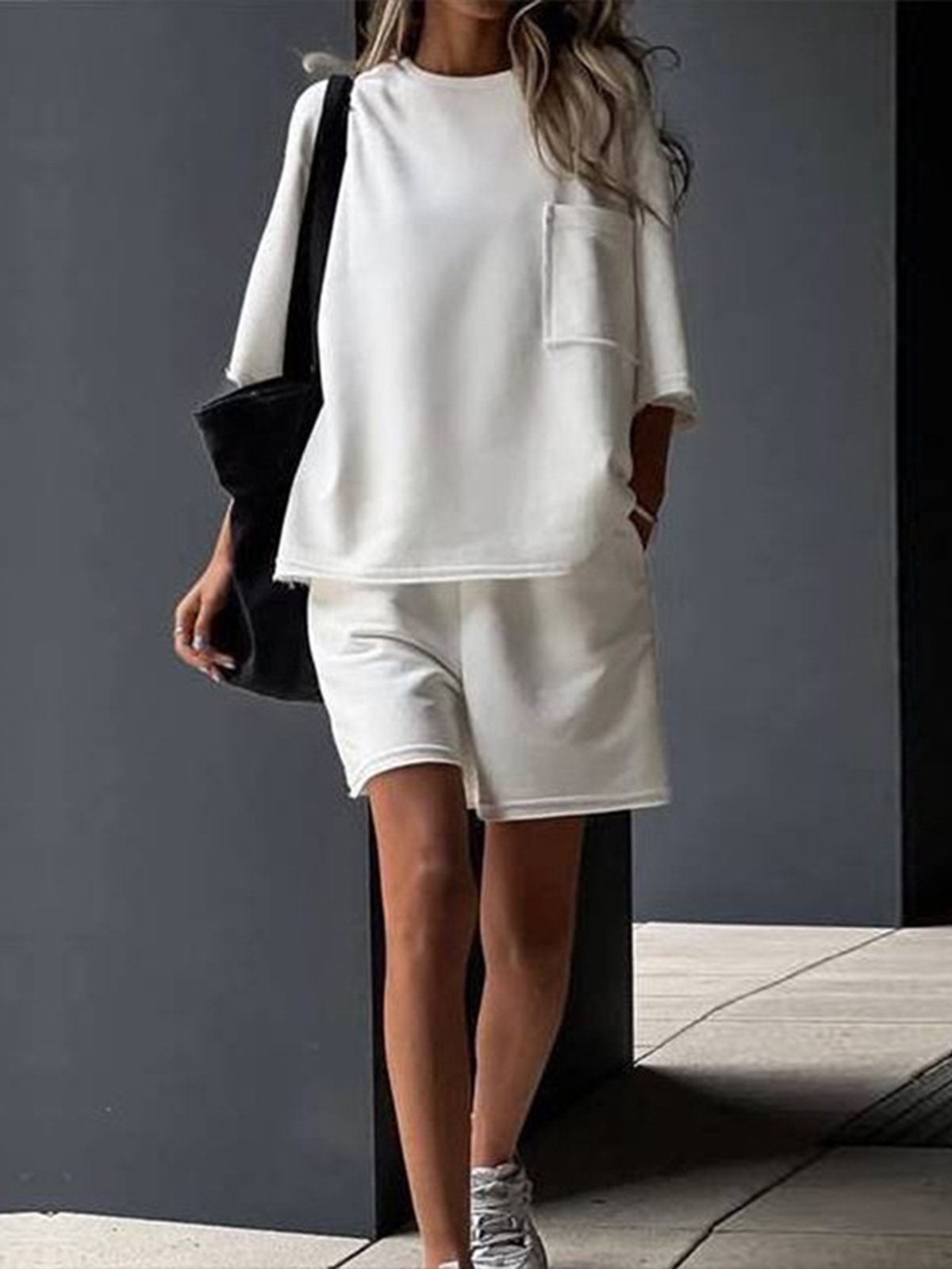 Casual Plain Crew Neck Two-Piece Set