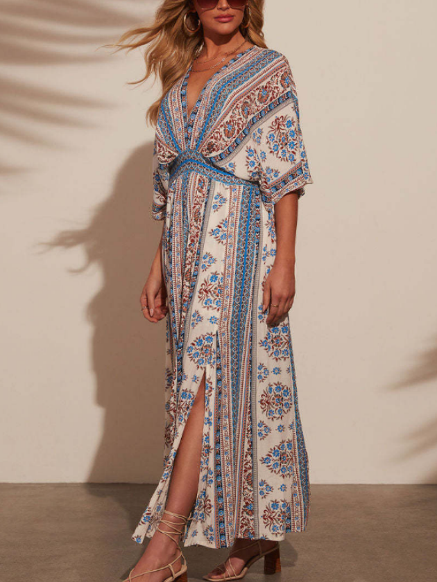 Women's Short Sleeve Summer white-blue Floral Split Joint V Neck Daily Going Out Vintage Maxi A-Line Tank Dress
