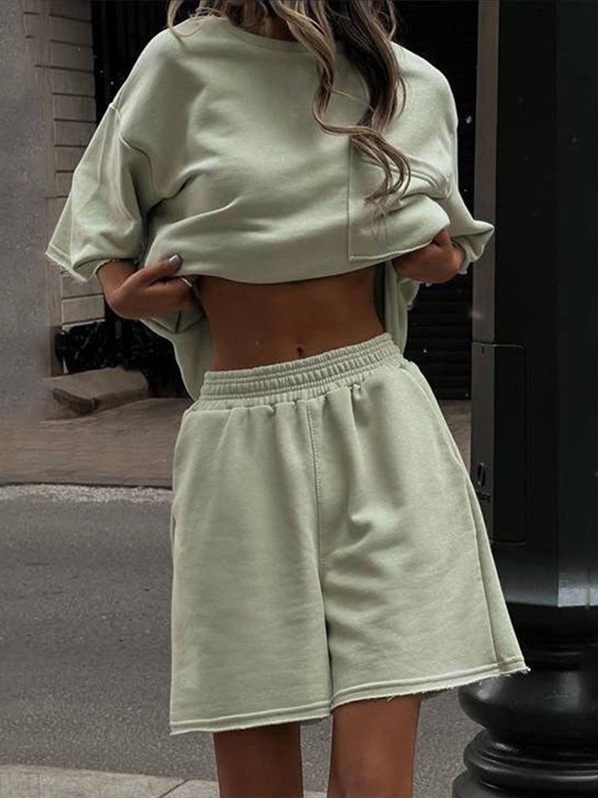 Casual Plain Crew Neck Two-Piece Set