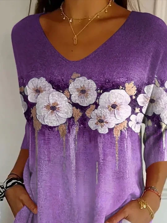 Women's Alzheimer's Disease Floral Print V-Neck T-Shirt