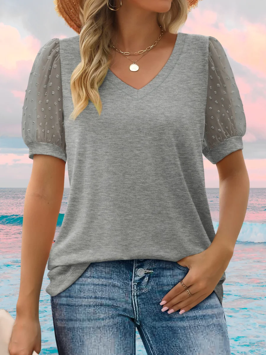 Women's Short Sleeve T-shirt Summer Green Plain Jacquard V Neck Puff Sleeve Daily Going Out Casual Top