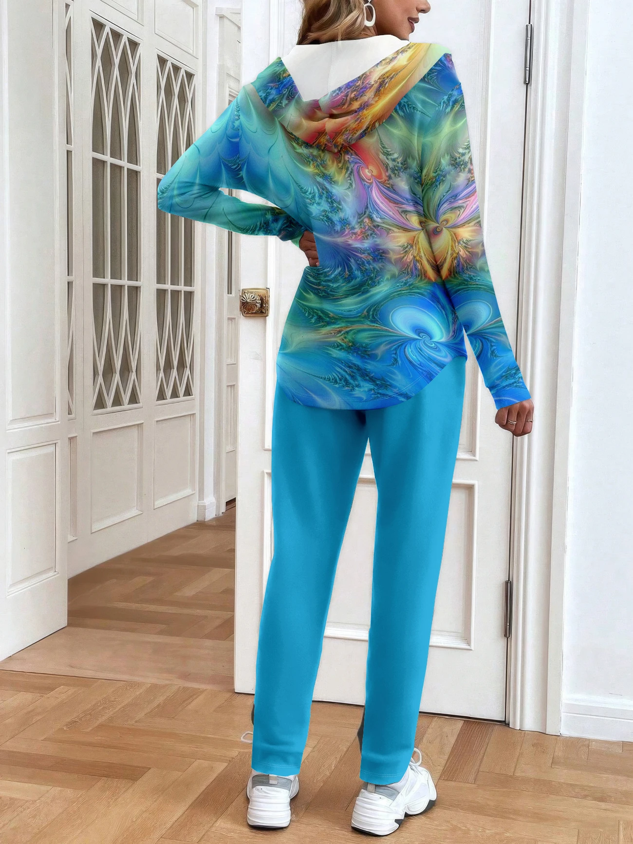 Women's Abstract Print Hooded Zip-Up Jacket and Casual Pants 2-Piece Set