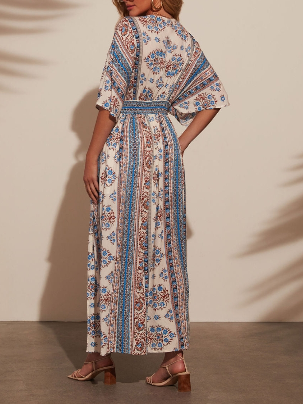 Women's Short Sleeve Summer white-blue Floral Split Joint V Neck Daily Going Out Vintage Maxi A-Line Tank Dress