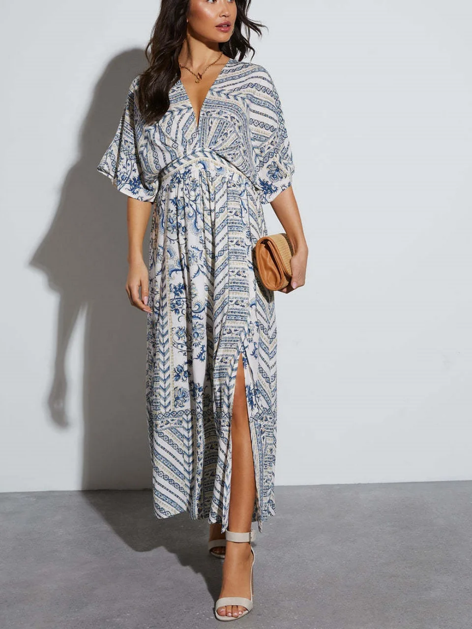 Women's Short Sleeve Summer white-blue Floral Split Joint V Neck Daily Going Out Vintage Maxi A-Line Tank Dress