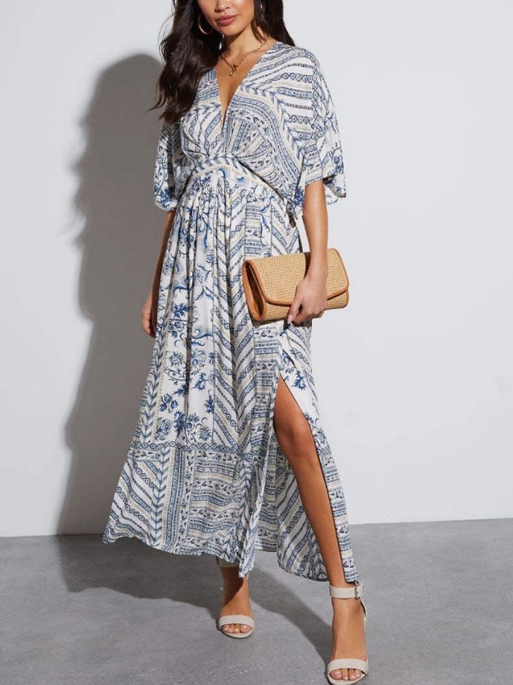 Women's Short Sleeve Summer white-blue Floral Split Joint V Neck Daily Going Out Vintage Maxi A-Line Tank Dress