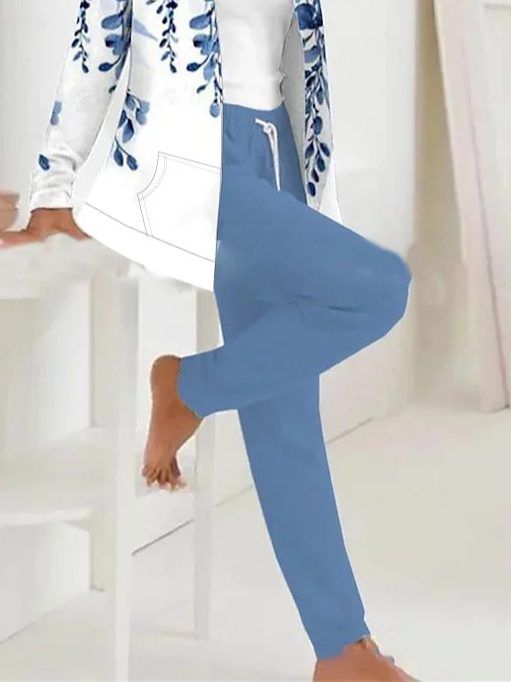 Women's Printing Floral Daily Going Out Two-Piece Set Blue Casual Spring/Fall Coat With Pants Matching Set