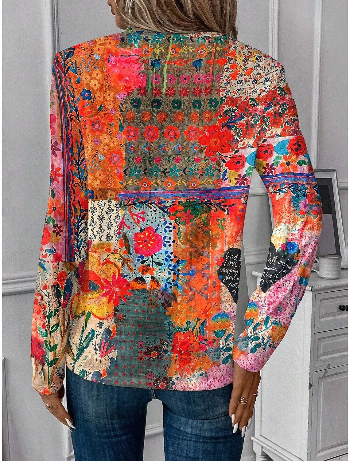 Print Casual V Neck Long Sleeve T-Shirt