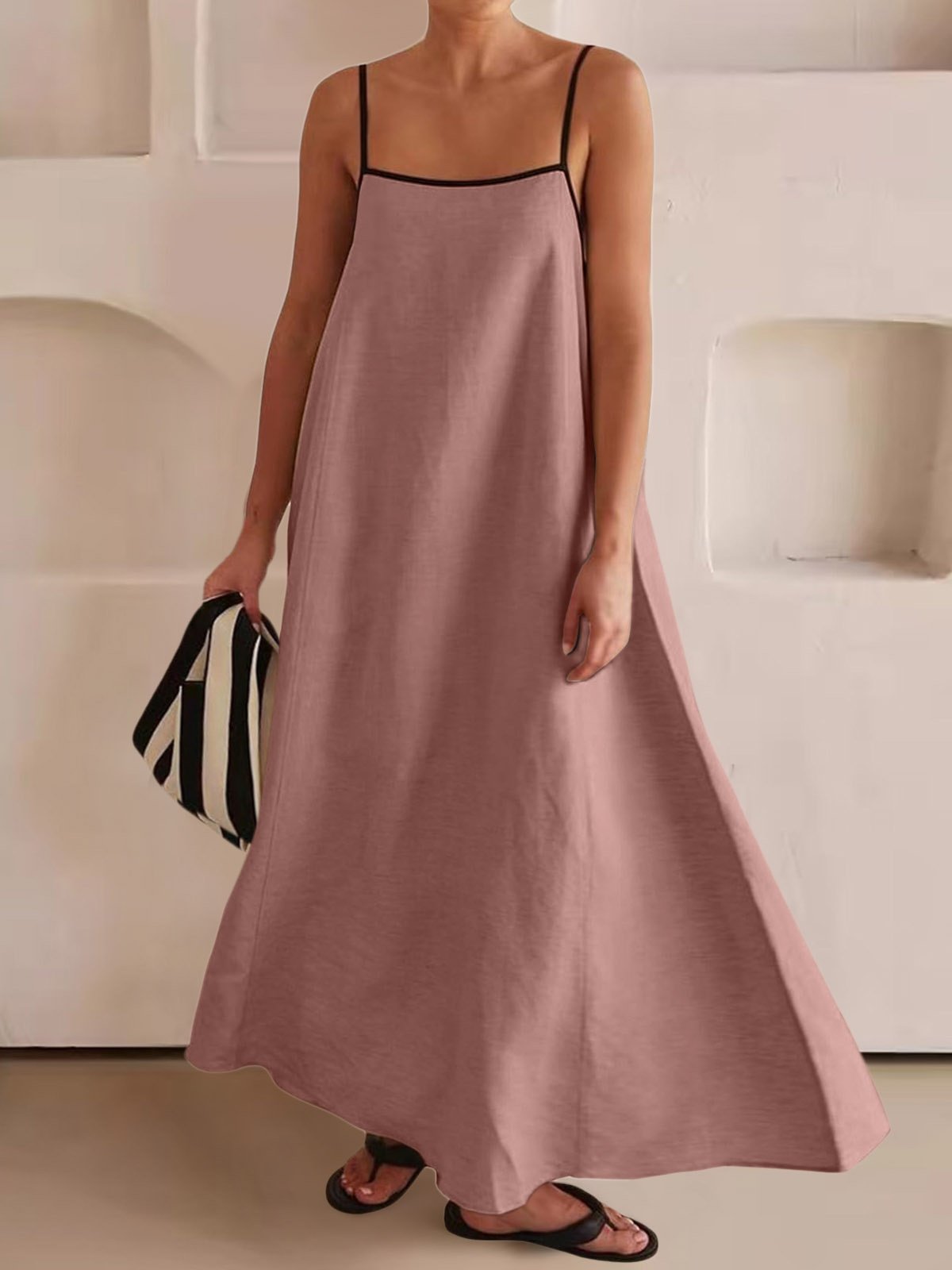 Women's Sleeveless Summer Khaki Plain Split Joint Square Neck Daily Going Out Vintage Maxi A-Line Tank Dress