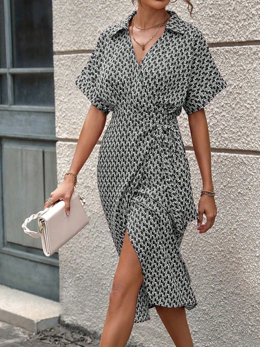 Women's Short Sleeve Summer Khaki Geometric Split Joint V Neck Daily Going Out Vintage Midi A-Line Tank Dress