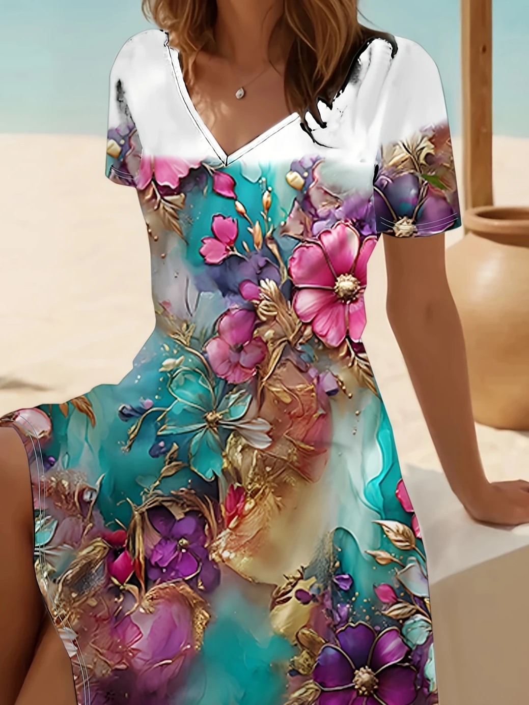 Women's Short Sleeve Summer As Picture Floral Printing V Neck Daily Going Out Casual Midi A-Line Fit & Flare Dress Dress