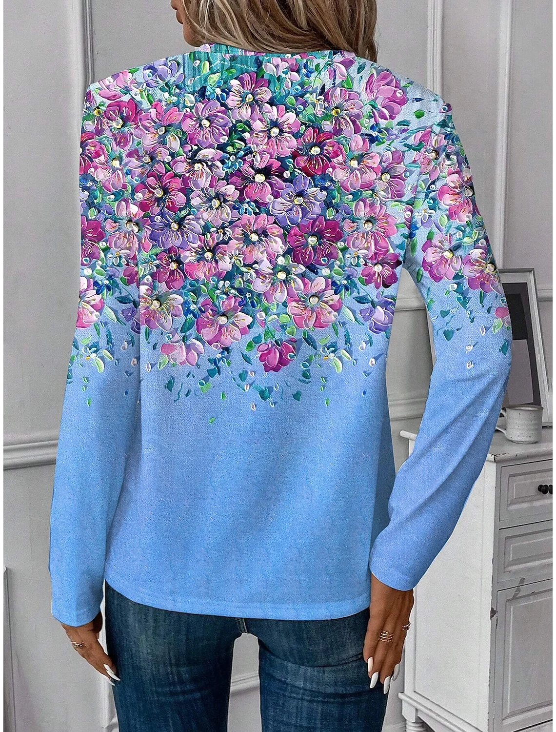 Print Casual V Neck Long Sleeve T-Shirt