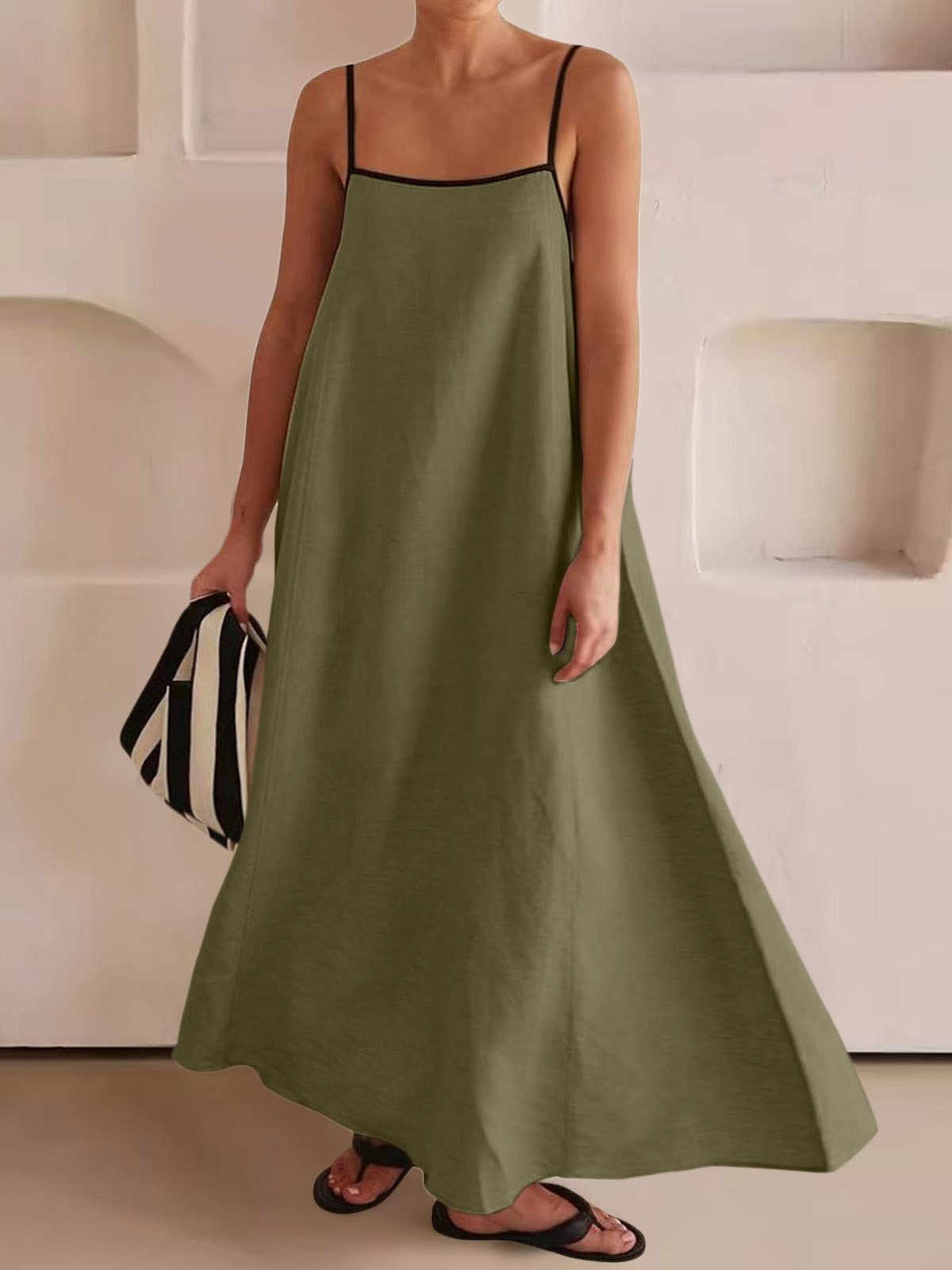 Women's Sleeveless Summer Khaki Plain Split Joint Square Neck Daily Going Out Vintage Maxi A-Line Tank Dress