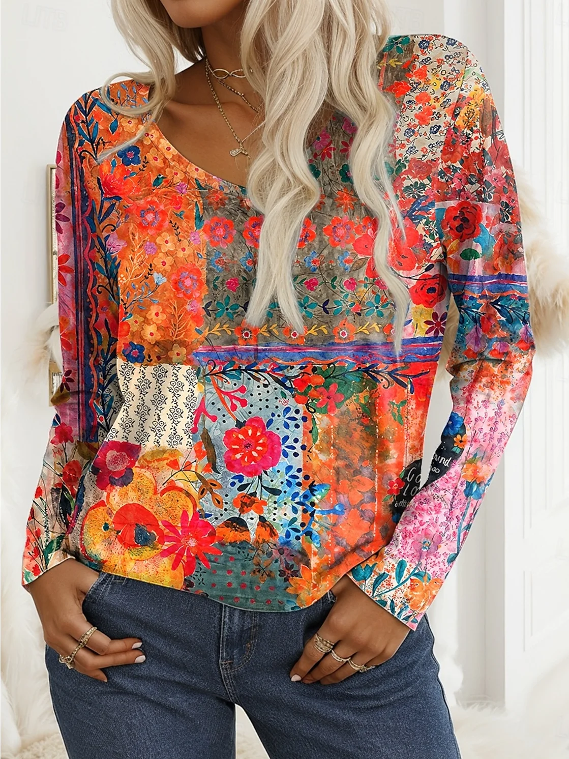 Print Casual V Neck Long Sleeve T-Shirt