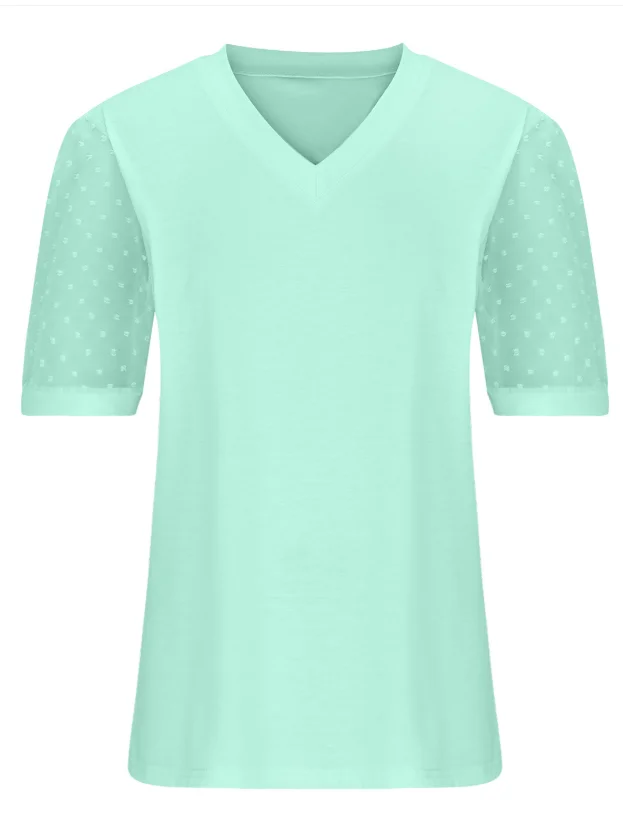 Women's Short Sleeve T-shirt Summer Green Plain Jacquard V Neck Puff Sleeve Daily Going Out Casual Top