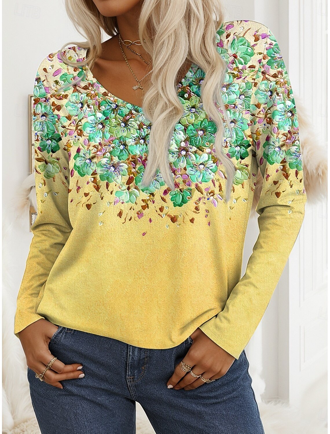 Print Casual V Neck Long Sleeve T-Shirt