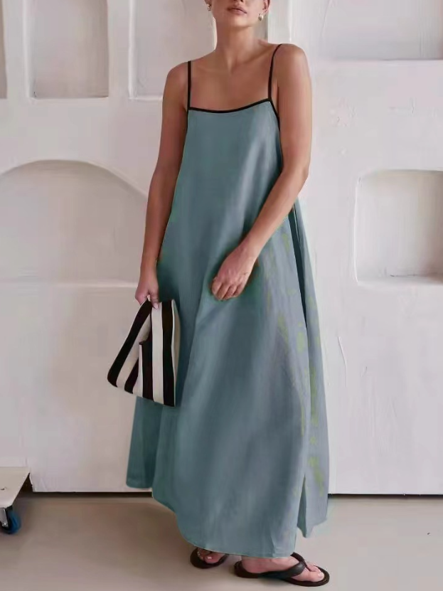 Women's Sleeveless Summer Khaki Plain Split Joint Square Neck Daily Going Out Vintage Maxi A-Line Tank Dress