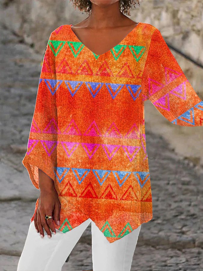 Women's Three Quarter Sleeve T-shirt Spring/Fall Color1 Floral Printing V Neck Daily Going Out Casual Top