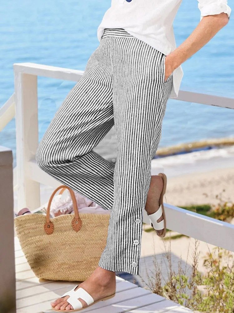 Women's  Elastic Waist H-Line Wide Leg Pants Daily Going Out Pants Blue Casual Split Joint Striped Spring/Fall Pants