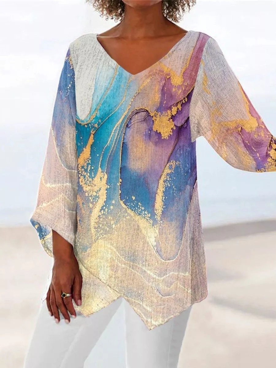 Women's Three Quarter Sleeve T-shirt Spring/Fall Color1 Floral Printing V Neck Daily Going Out Casual Top