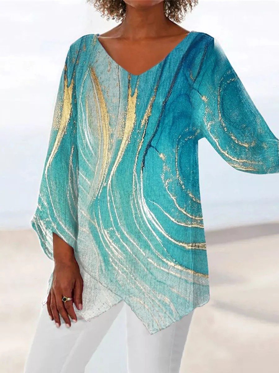 Women's Three Quarter Sleeve T-shirt Spring/Fall Color1 Floral Printing V Neck Daily Going Out Casual Top