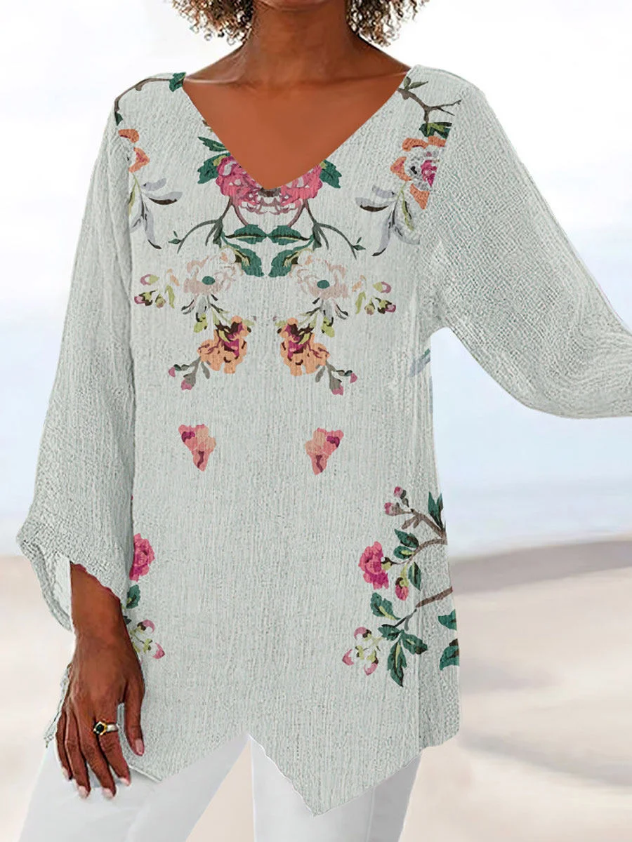 Women's Three Quarter Sleeve T-shirt Spring/Fall Color1 Floral Printing V Neck Daily Going Out Casual Top