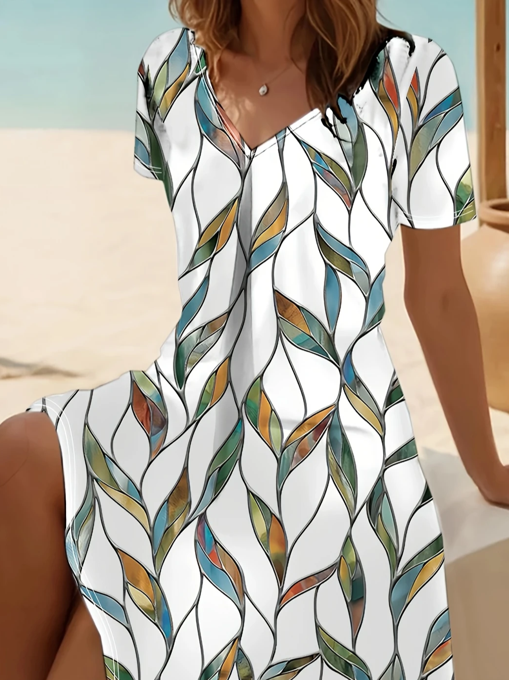 Women's Short Sleeve Summer White Leaf Printing V Neck Daily Going Out Casual Midi A-Line Fit & Flare Dress Dress