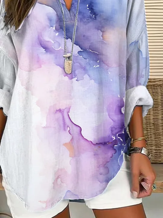 Women's Long Sleeve Blouse Spring/Fall White Abstract Printing Cotton-Blend V Neck Daily Going Out Casual Top