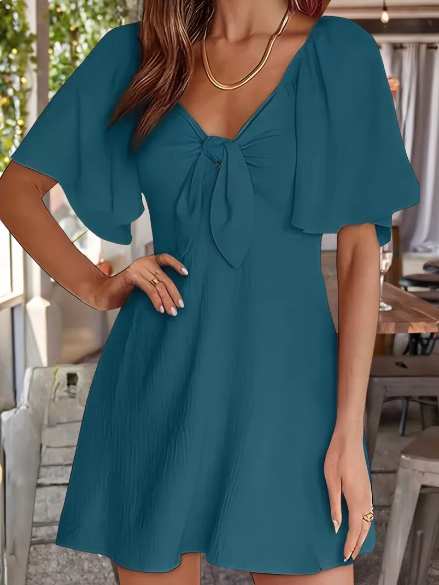 Women's Short Sleeve Summer Pink Plain Split Joint V Neck Dolman Sleeve Daily Going Out Vintage Midi A-Line Ruffle Skirt Dress