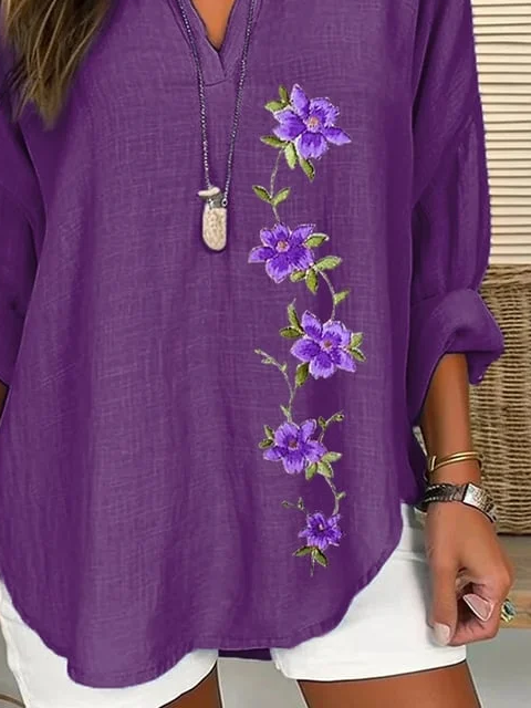Women's Long Sleeve Blouse Spring/Fall Purple Floral Printing Cotton-Blend V Neck Daily Going Out Casual Top