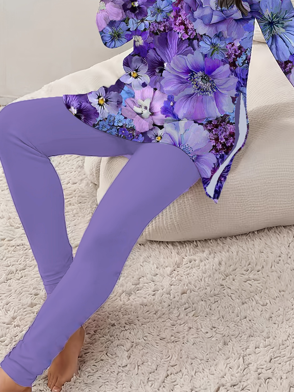 Women's Floral Print Long Sleeve T-Shirt Leggings Two-Piece Set