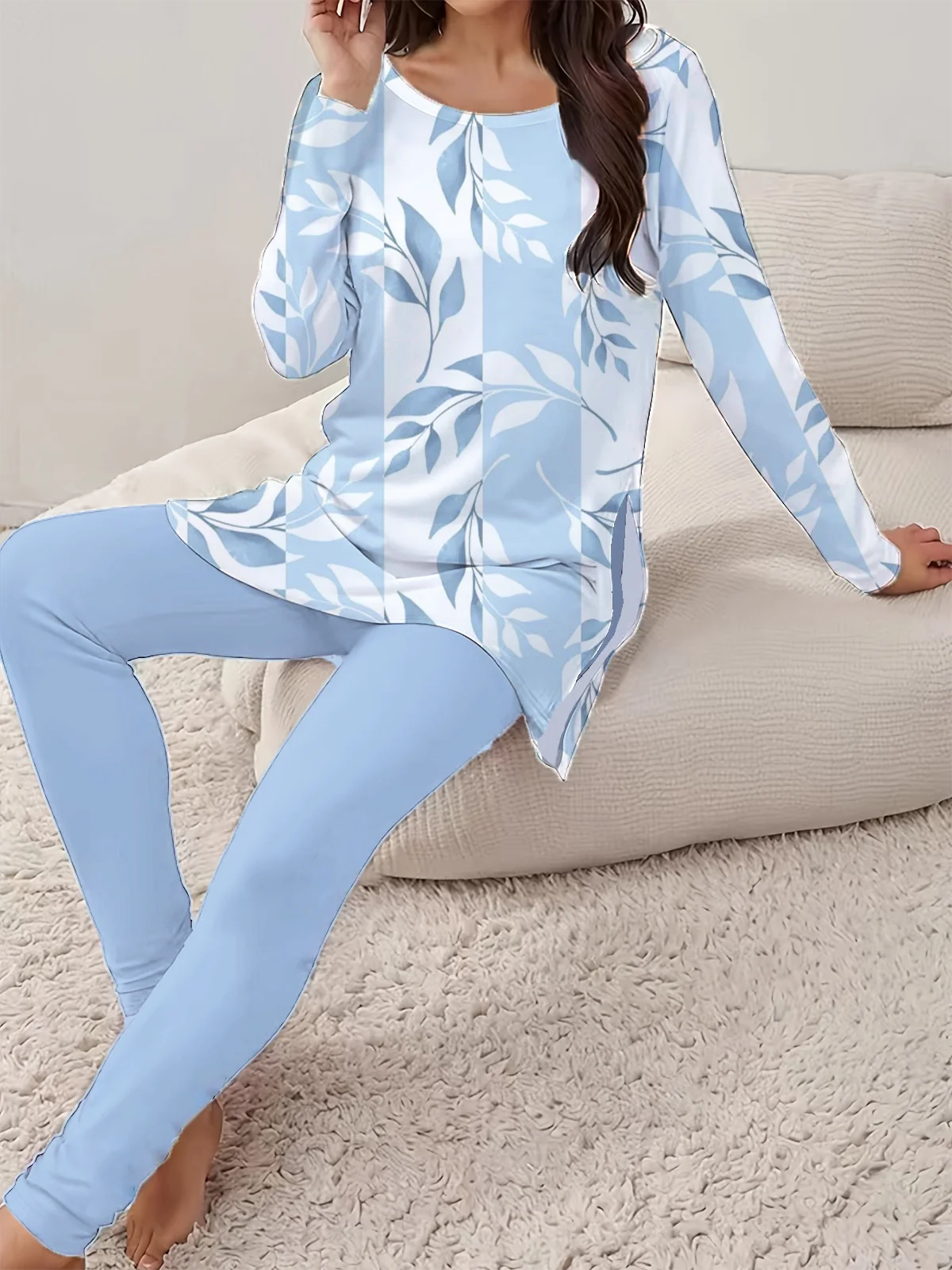 Women's Floral Print Long Sleeve T-Shirt Leggings Two-Piece Set