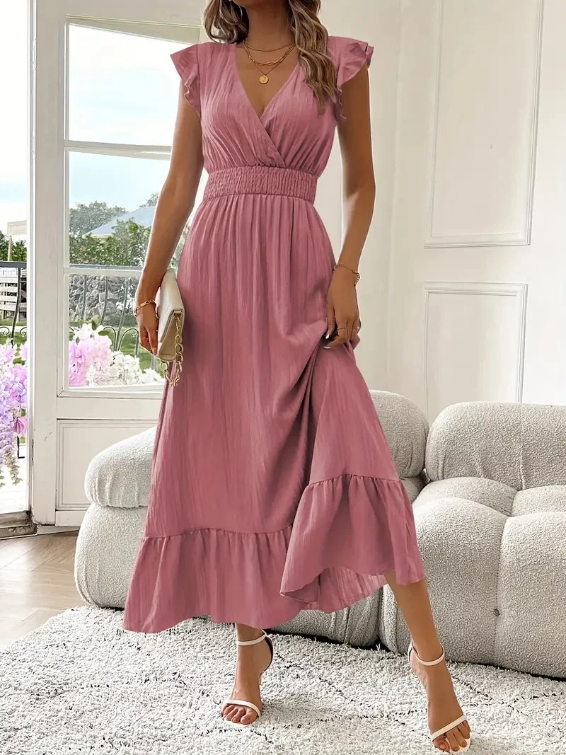 Women's Short Sleeve Summer Aqua Plain Split Joint V Neck Ruffle Sleeve Daily Going Out Vintage Maxi A-Line Tank Dress