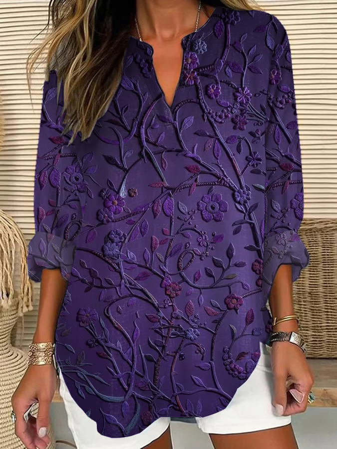 Women's Long Sleeve Blouse Spring/Fall Purple Floral Printing Cotton-Blend V Neck Daily Going Out Casual Top