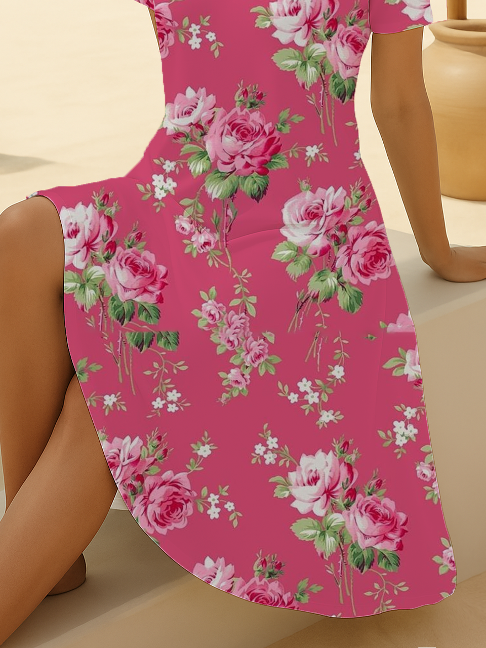 Women's Short Sleeve Summer Pink Floral Printing V Neck Daily Going Out Casual Midi A-Line Fit & Flare Dress Dress