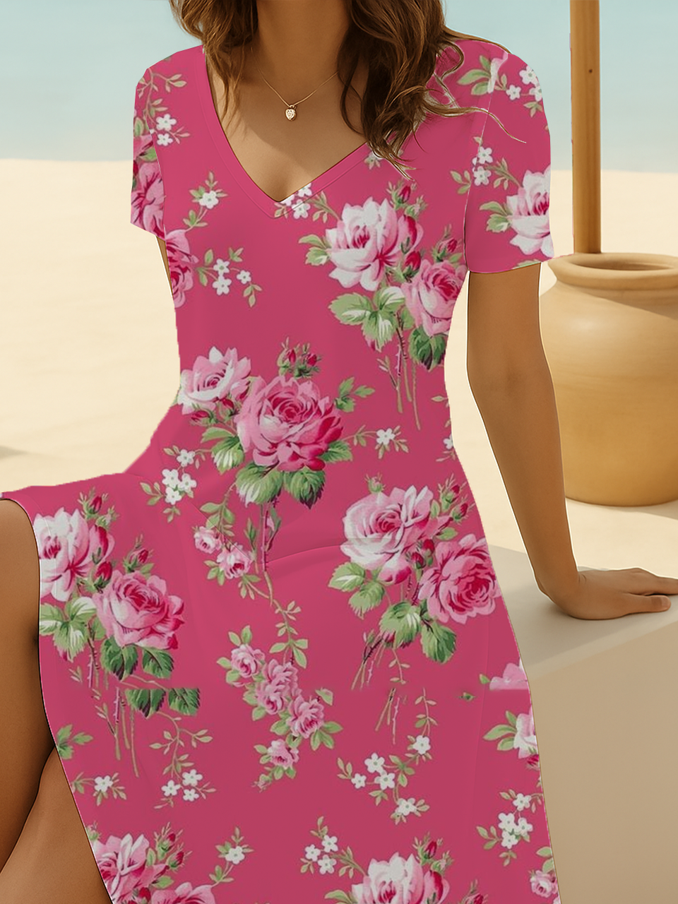 Women's Short Sleeve Summer Pink Floral Printing V Neck Daily Going Out Casual Midi A-Line Fit & Flare Dress Dress
