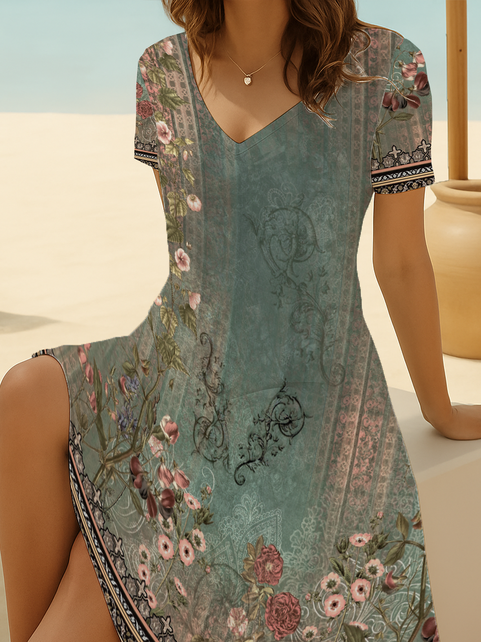 Women's Short Sleeve Summer Green Floral Printing V Neck Daily Going Out Casual Midi A-Line Fit & Flare Dress Dress