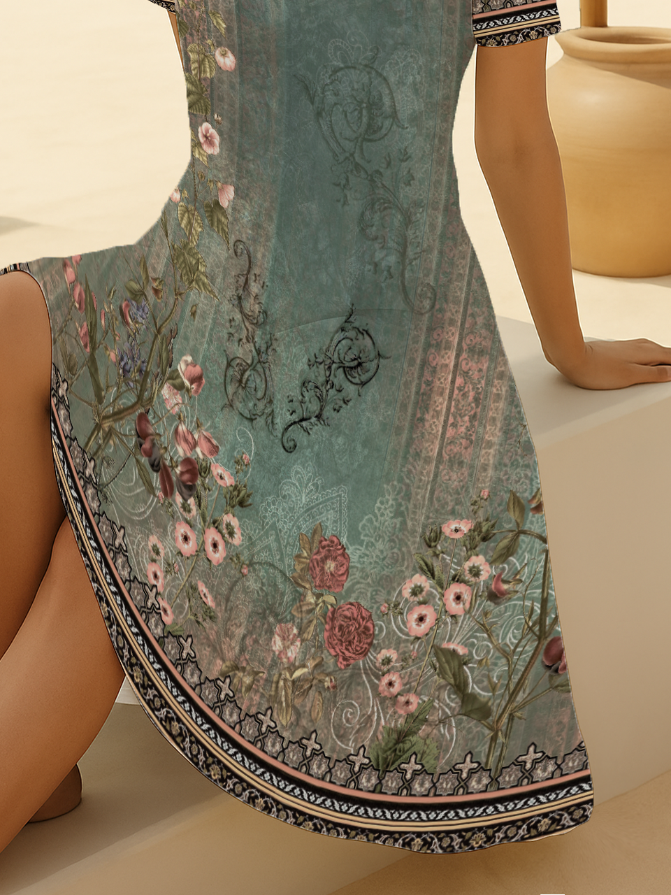 Women's Short Sleeve Summer Green Floral Printing V Neck Daily Going Out Casual Midi A-Line Fit & Flare Dress Dress