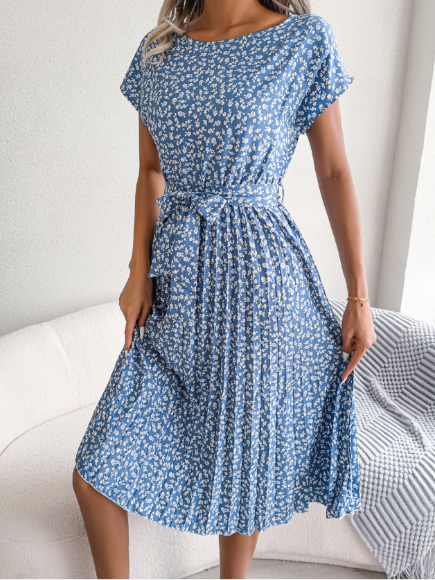 Women's Short Sleeve Summer Light Blue Floral Split Joint Crew Neck Daily Going Out Vintage Midi A-Line Pleated Dress
