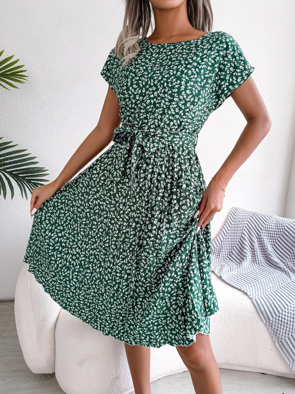 Women's Short Sleeve Summer Light Blue Floral Split Joint Crew Neck Daily Going Out Vintage Midi A-Line Pleated Dress