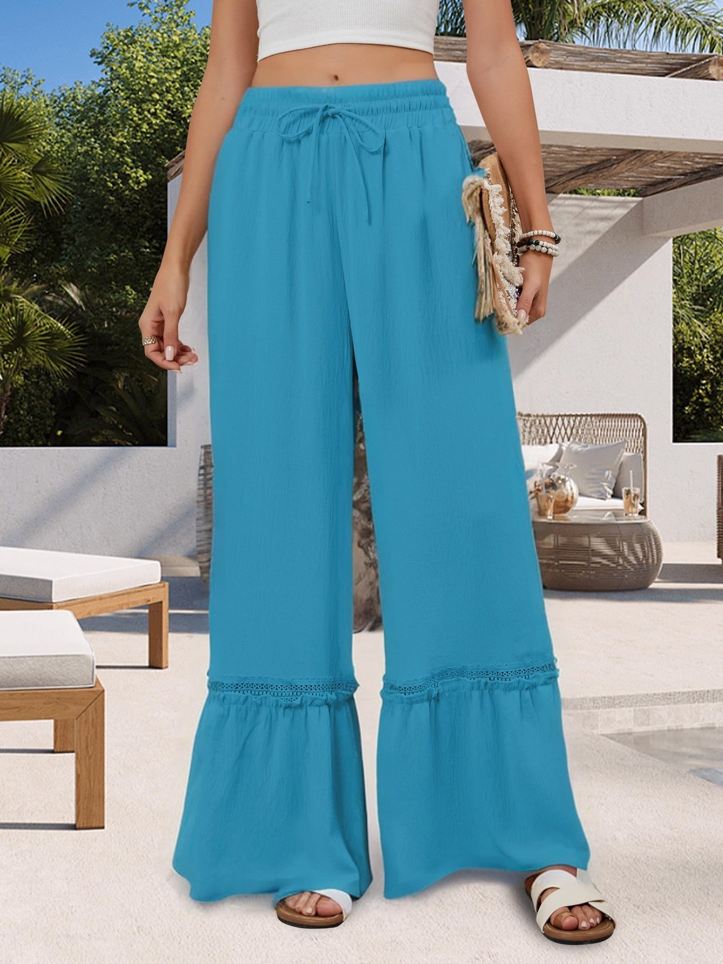 Women's  Elastic Waist H-Line Wide Leg Pants Daily Going Out Pants Blue Casual Split Joint Plain Spring/Fall Pants