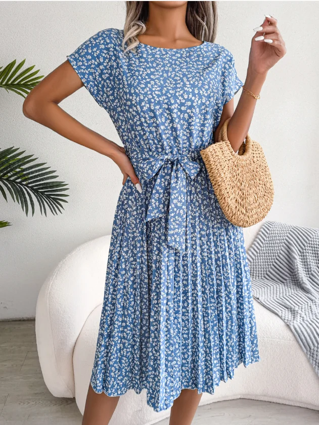 Women's Short Sleeve Summer Light Blue Floral Split Joint Crew Neck Daily Going Out Vintage Midi A-Line Pleated Dress