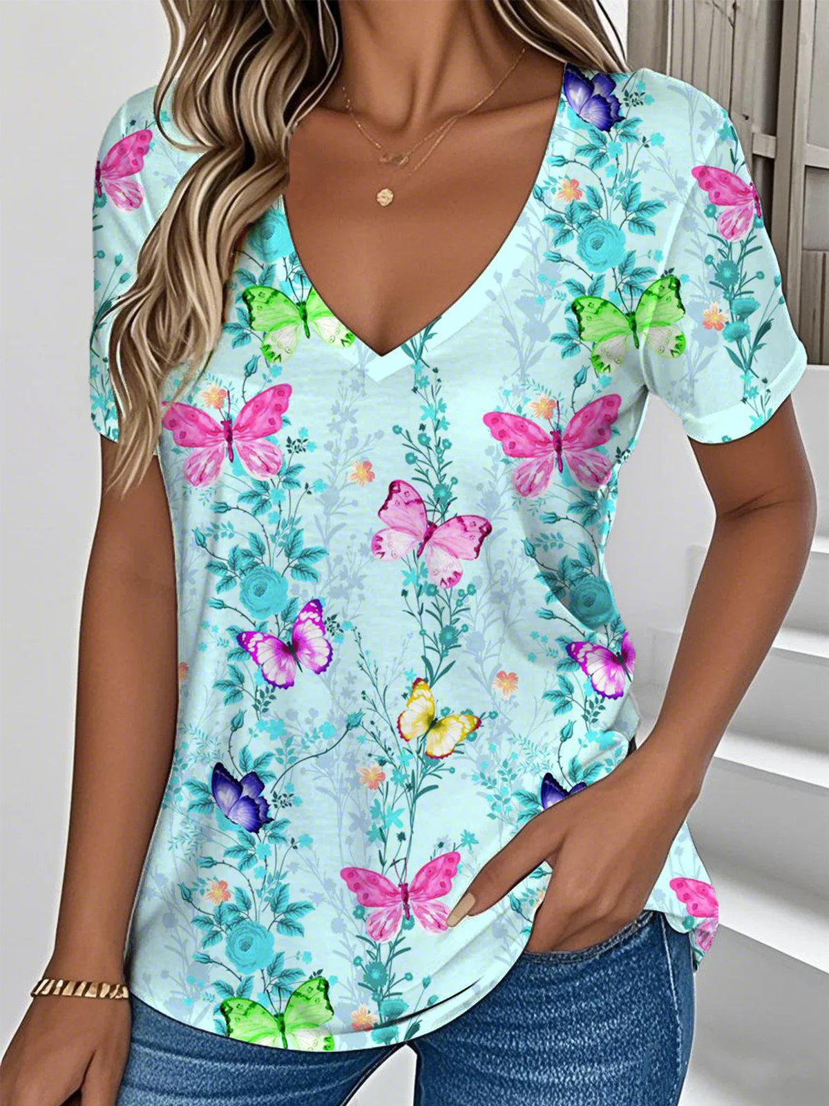 Floral Simple V Neck T-Shirt
