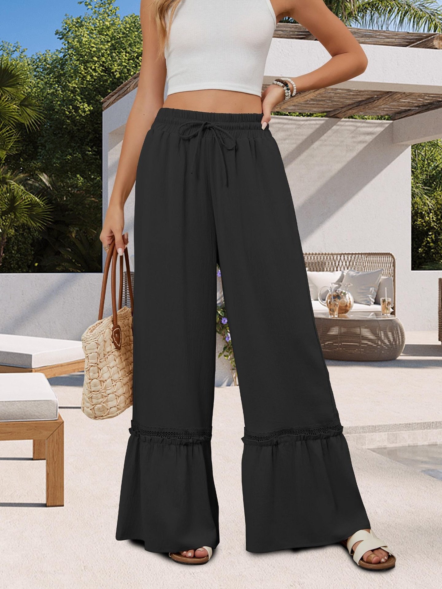 Women's  Elastic Waist H-Line Wide Leg Pants Daily Going Out Pants Blue Casual Split Joint Plain Spring/Fall Pants